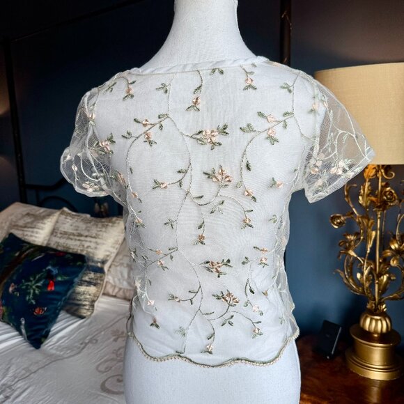White Mesh With Pink Floral Embroidered Pattern T Shirt - Picture 3 of 7